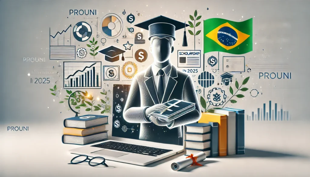 O Que é o Prouni e Como Funciona? Guia Completo para 2025 DALL·E 2024 09 27 00.05.37 A modern and clean representation of the Prouni program showing a student receiving a scholarship for higher education in Brazil. The image includes