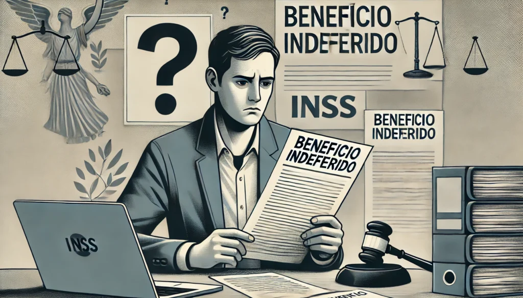 O Que Fazer Quando o INSS Dá Indeferido? Orientações Completas para Reverter a Situação DALL·E 2024 10 17 00.18.29 A serious and professional wide image showing a person looking concerned while reviewing a document labeled Beneficio Indeferido on a laptop or pape