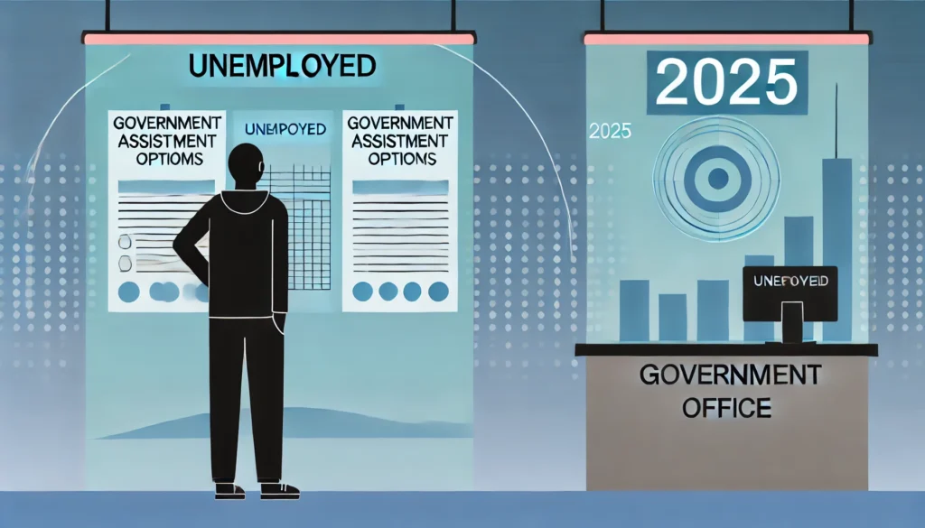 DALL·E 2024 10 23 22.14.48 A modern and clean illustration representing a person who is unemployed in 2025 looking at government assistance options. The person is standing in f