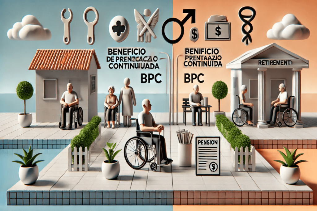 BPC: Diferenças Entre o Benefício e a Aposentadoria DALL·E 2024 09 01 22.00.11 A comparison visual showing two sides on one side a representation of the Beneficio de Prestacao Continuada BPC with symbols of disability support 1200x800 1