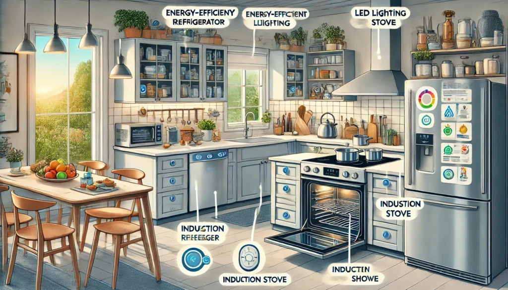 10 formas para Economizar Energia na Cozinha DALL·E 2024 09 04 15.35.34 A modern kitchen with energy saving appliances in use such as an energy efficient refrigerator LED lighting induction stove and eco friendly dishw