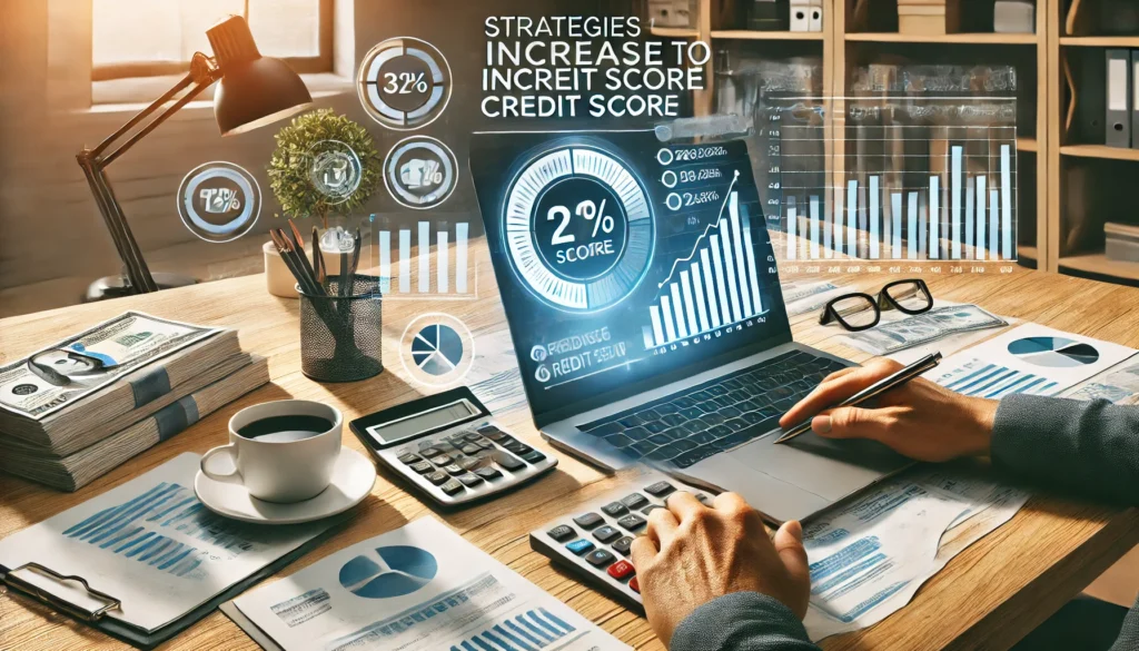 Como Aumentar o Score de Crédito para Financiamento: Estratégias Eficazes para Aprovação de Empréstimos DALL·E 2024 09 05 18.05.39 A wide image illustrating strategies to increase credit score for financing featuring a person reviewing a credit report on a laptop surrounded by f