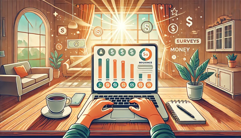 Como Ganhar Dinheiro Respondendo Pesquisas Online: Guia Definitivo para Iniciar e Maximizar Seus Ganhos DALL·E 2024 09 06 20.19.05 A wide image depicting a person happily working on a laptop at home engaging in online surveys. The scene shows a cozy workspace with a coffee cup n