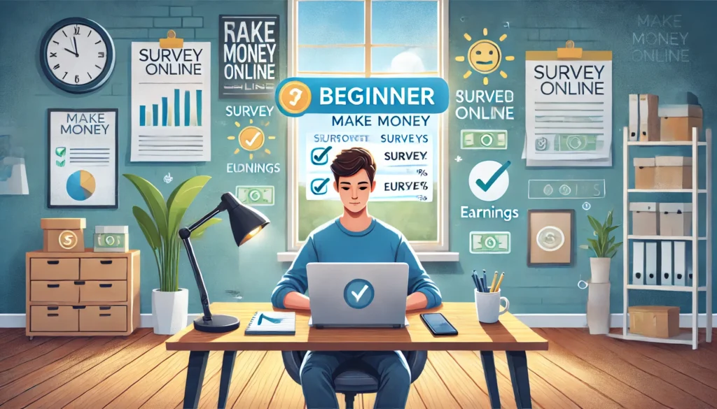 Como Ganhar Dinheiro Respondendo Pesquisas Online: Guia Completo para Iniciantes DALL·E 2024 09 06 20.34.29 A wide image depicting a beginner learning how to make money online by responding to surveys. The scene shows a young person sitting at a desk with a