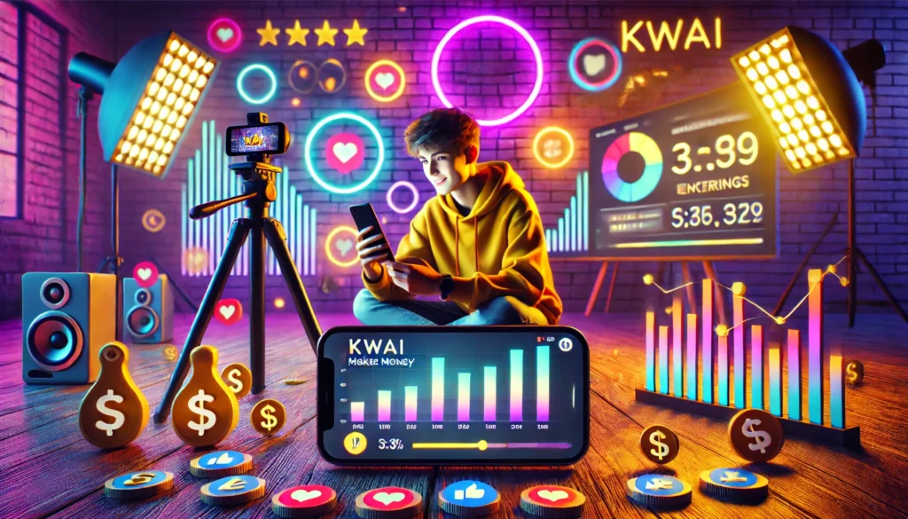 Como Ganhar Dinheiro no Kwai: Guia Completo para Monetizar Seu Conteúdo na Plataforma DALL·E 2024 09 07 23.27.30 A wide image showing a content creator making money on Kwai with a vibrant and engaging setup. The scene includes a young person recording a video us