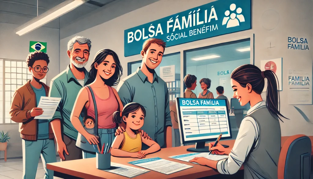 Bolsa Família: Como se Inscrever e Garantir o Benefício DALL·E 2024 09 09 21.04.20 A helpful illustration showing a diverse Brazilian family at a community center or government office filling out forms for a social benefit program.