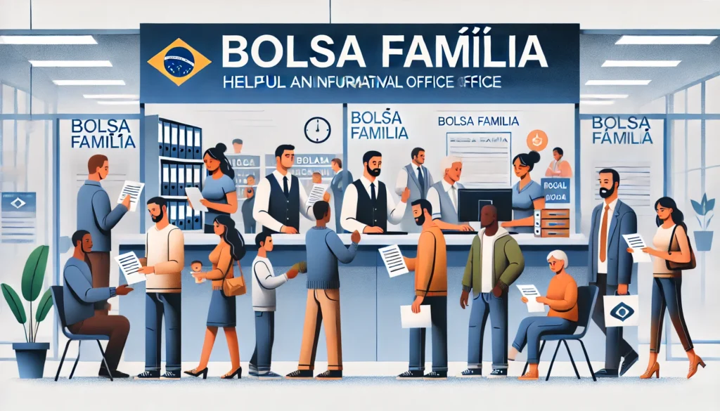 Como Conseguir o Bolsa Família: Guia Completo para Inscrição e Recebimento do Benefício DALL·E 2024 09 10 22.49.07 A helpful and informative image showing a Brazilian community office setting where individuals are applying for social benefits like Bolsa Familia. In
