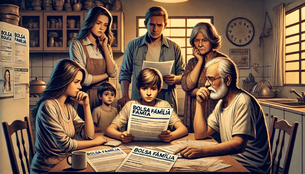 Bolsa Família Bloqueado e Depois Cancelado: O Que Fazer e Como Regularizar DALL·E 2024 09 10 22.50.37 A scene depicting a concerned Brazilian family diverse in age and ethnicity sitting together at a kitchen table reviewing official letters and docum
