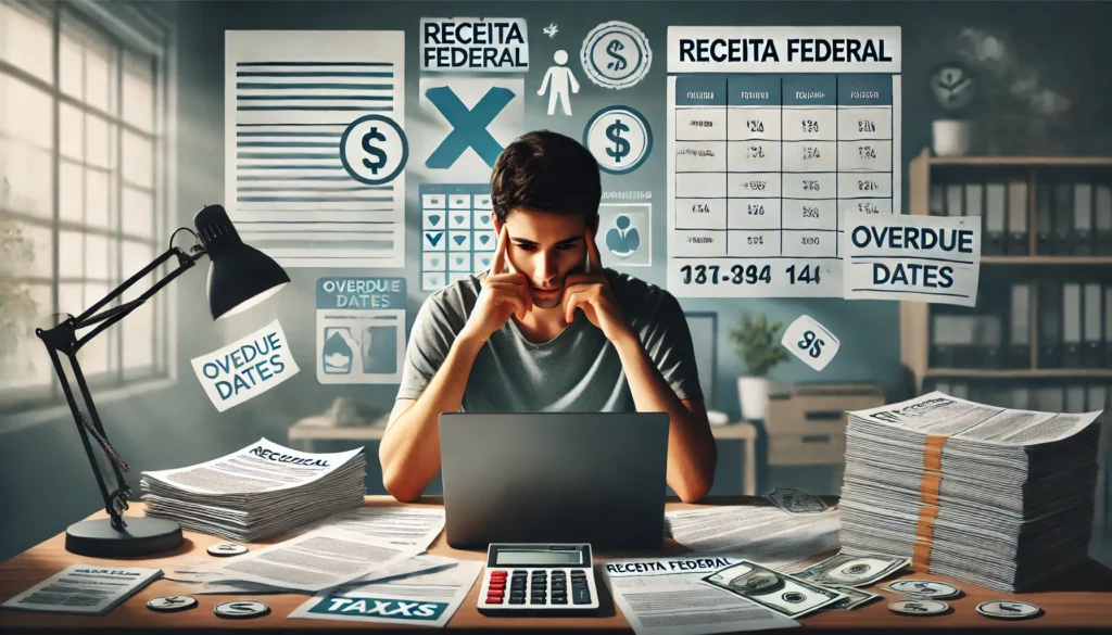 Como Declarar Imposto de Renda Atrasado: Guia Completo para Regularizar Sua Situação com a Receita Federal DALL·E 2024 09 14 13.20.38 A scene showing a concerned individual working on a laptop at home surrounded by documents and tax forms symbolizing the task of declaring taxes. Th