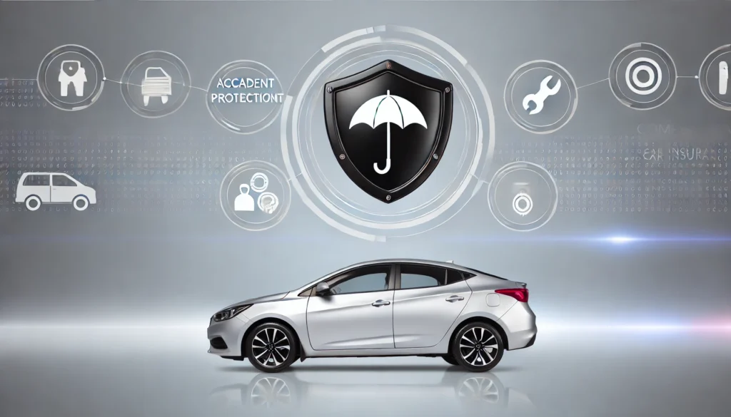 Os Melhores Seguros de Carro em 2025: Guia Completo para Escolher a Melhor Proteção para o Seu Veículo DALL·E 2024 09 14 13.23.12 A modern car with a protective shield or umbrella symbolizing comprehensive car insurance. The background includes subtle icons representing different