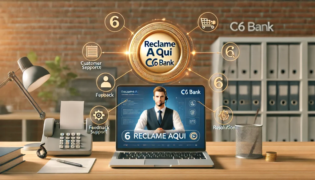 C6 Bank no Reclame Aqui: Como a Instituição Financeira Está Lidando com as Reclamações dos Clientes? DALL·E 2024 09 14 13.24.42 A customer service scenario with a professional representative assisting a client through a digital platform symbolizing C6 Banks approach to handli