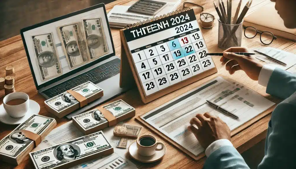 Quando Cai o Décimo Terceiro Salário em 2024: Datas de Pagamento, Cálculo e Dicas de Utilização DALL·E 2024 09 16 15.19.00 A professional and informative image illustrating the concept of receiving the thirteenth salary in 2024. The scene includes a calendar marked with hi