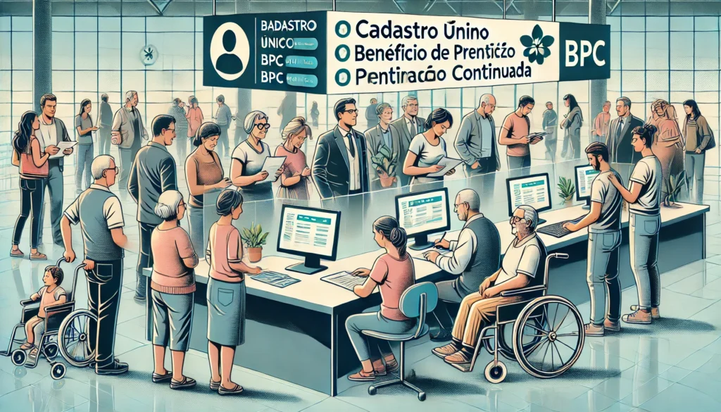 BPC entra como renda no Cadastro Único DALL·E 2024 09 17 16.49.04 A detailed illustration showing a diverse group of people including elderly and disabled individuals interacting with a government service desk or d