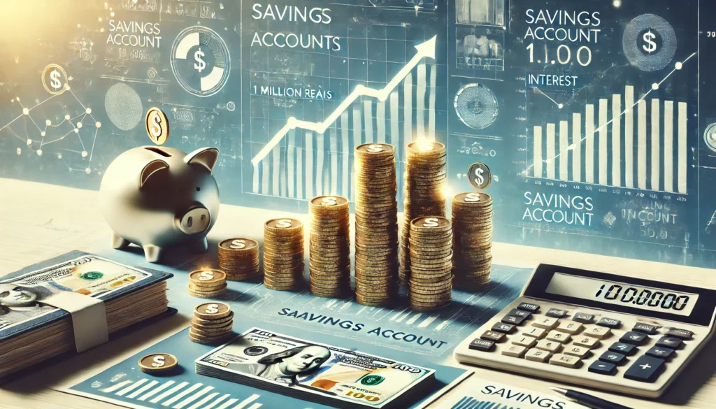 Quanto Rende 1 Milhão de Reais na Poupança? DALL·E 2024 09 17 23.16.04 A wide image illustrating the concept of savings and investment in a savings account with a large amount like 1 million reais. Include visual element