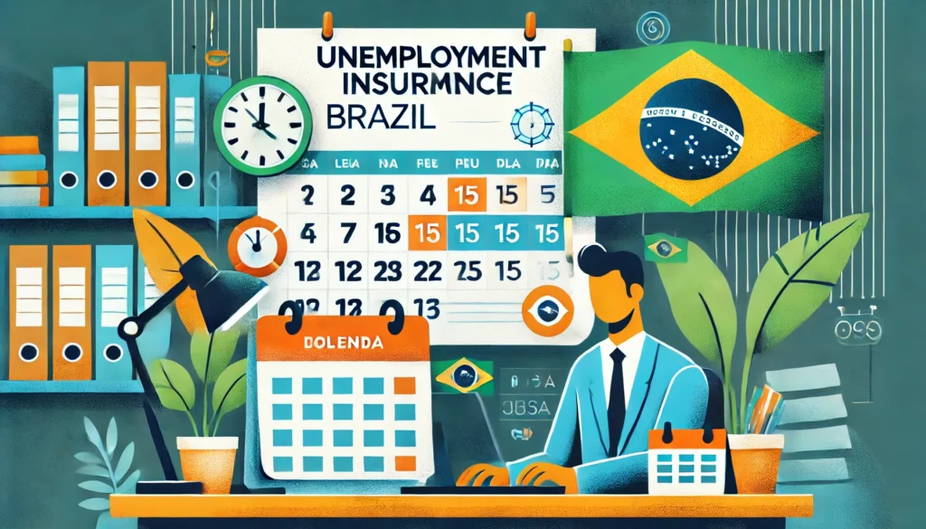 Seguro-Desemprego no Brasil: Entenda Quanto Tempo de Trabalho é Necessário Para Receber o Benefício DALL·E 2024 09 22 21.24.32 An informative visual about unemployment insurance in Brazil featuring a Brazilian worker in an office or work setting with symbols of a paycheck c