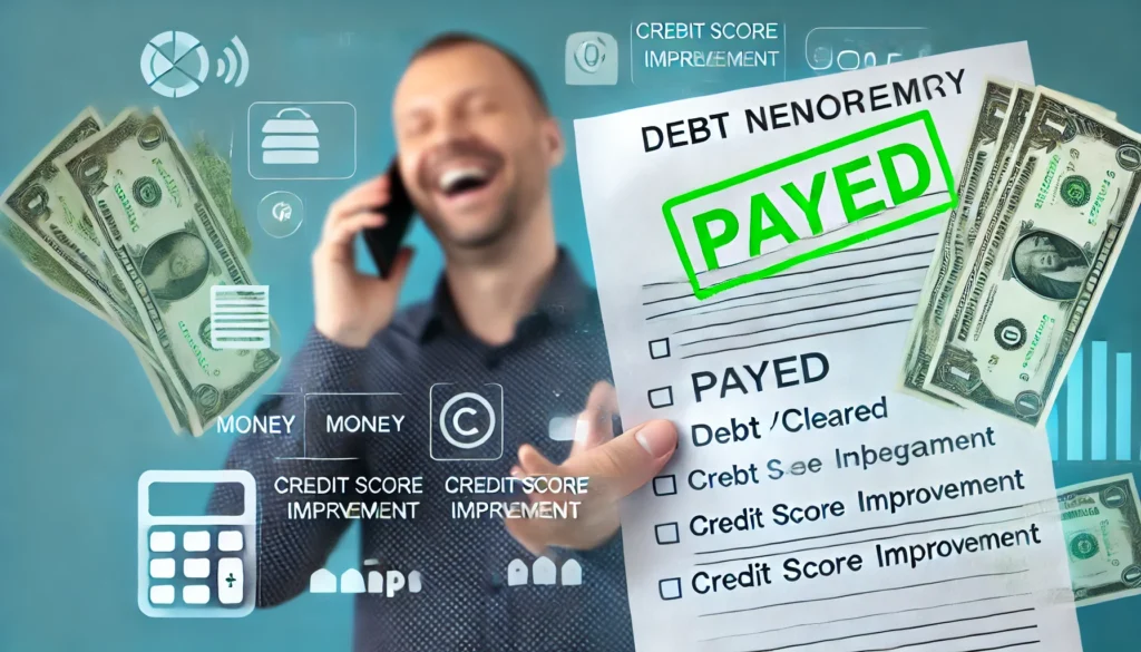 Quero Quitar: Como Funciona e Como Limpar Seu Nome DALL·E 2024 09 25 13.04.19 A modern image illustrating financial recovery and debt negotiation. The image features a clean document marked Paid or Cleared a person smiling