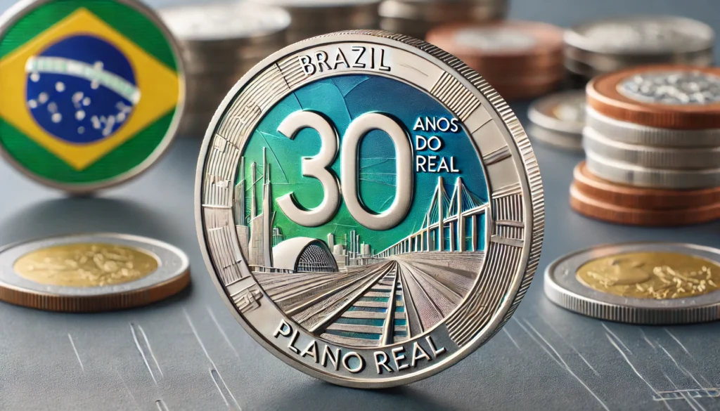 Banco Central Lança Moeda Comemorativa de R$ 1 para Celebrar os 30 Anos do Plano Real DALL·E 2024 09 25 21.46.31 A commemorative Brazilian R 1 coin with a special design celebrating the 30th anniversary of the Plano Real. The coin features a sleek modern design