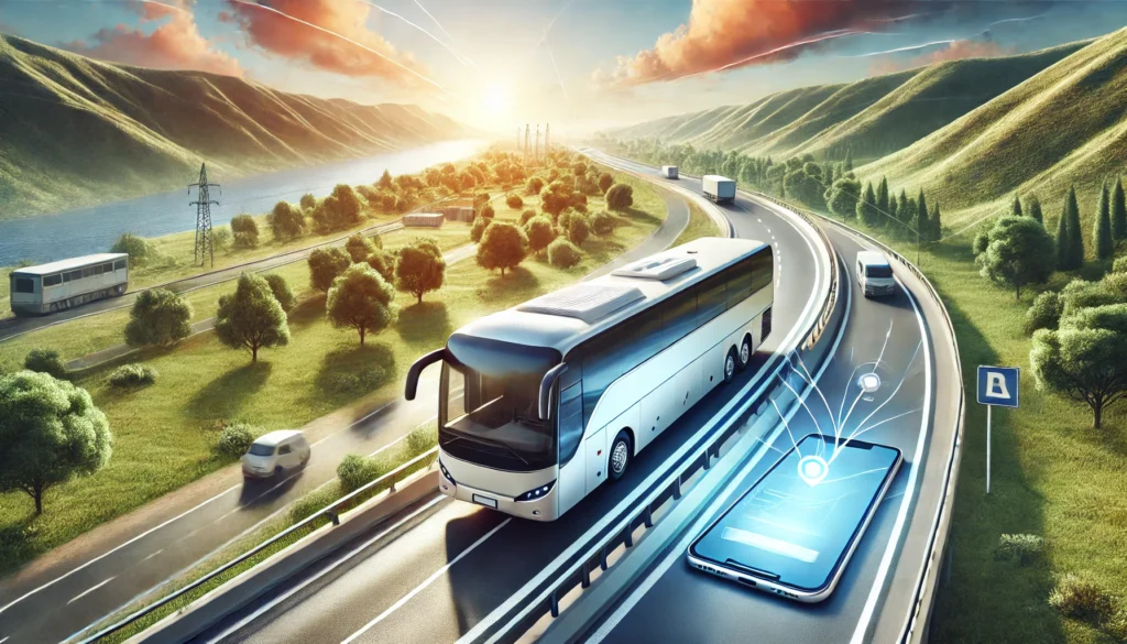 Melhores Sites para Comprar Passagem de Ônibus Online: Guia para Viajar com Economia DALL·E 2024 09 29 14.07.25 A modern bus traveling on an open highway with scenic landscapes around representing an affordable and comfortable journey. The image also subtly in