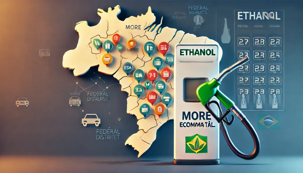 Etanol Continua Mais Competitivo do que a Gasolina em Sete Estados e no Distrito Federal DALL·E 2024 10 02 18.18.31 A fuel pump for ethanol next to a gasoline pump with a label saying more economical representing the competitiveness of ethanol. Additionally a m