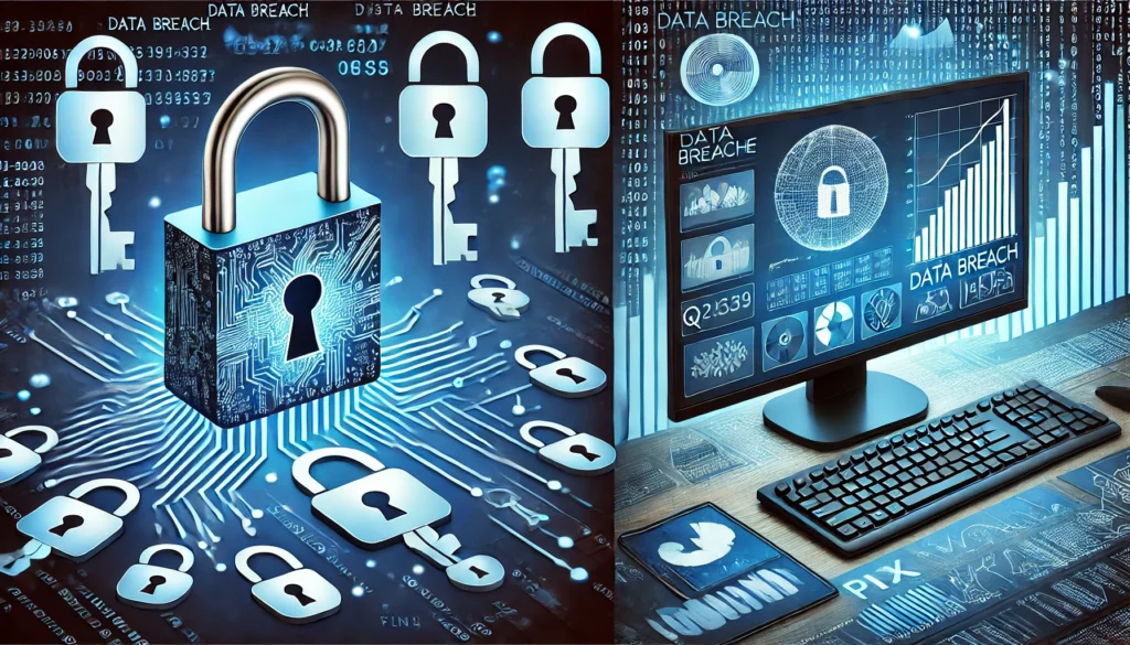Vazamento de Dados Afeta 53 Mil Chaves Pix da Fintech Qesh, Diz Banco Central DALL·E 2024 10 01 22.28.40 Representation of a data breach involving Pix keys with icons of Pix keys and unlocked padlocks symbolizing compromised security. Additionally an il