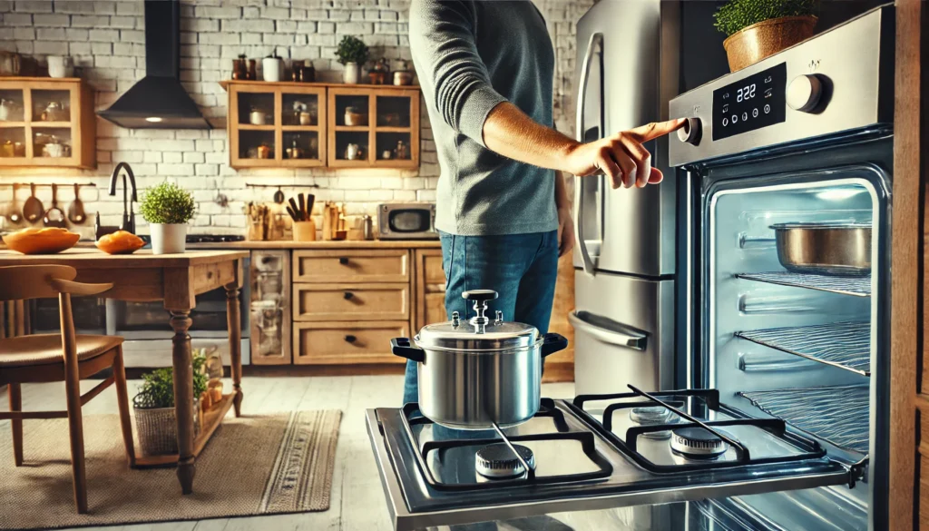 Como Economizar Energia na Cozinha: Dicas Práticas para Reduzir os Gastos Mensais DALL·E 2024 10 03 19.34.51 A modern kitchen with a person adjusting the oven temperature while using a pressure cooker on the stove. In the background appliances like the refri