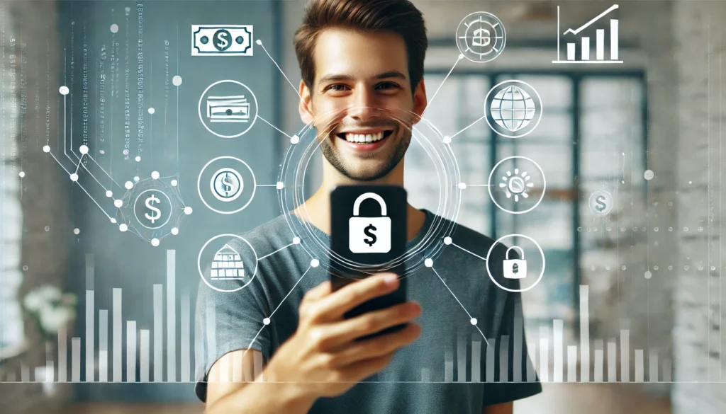 Juvo: Empréstimo Com Garantia de Celular - Tudo Que Você Precisa Saber DALL·E 2024 10 04 23.43.08 A happy person holding a smartphone with visual elements representing finance and technology symbolizing security and convenience in a loan with mob