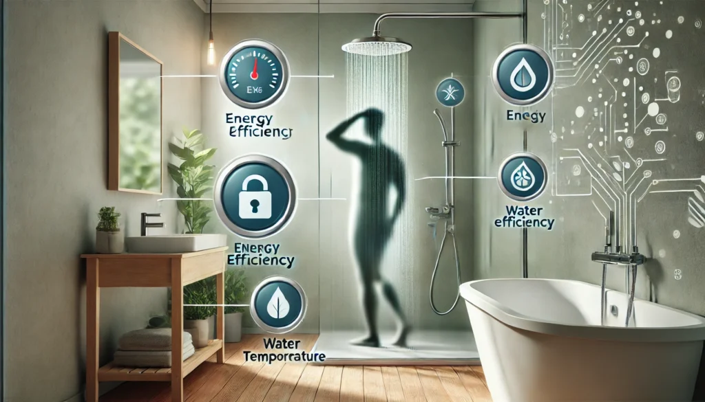 Como Economizar Energia no Chuveiro: Dicas Práticas e Eficientes DALL·E 2024 10 05 23.22.26 A modern bathroom with an energy efficient showerhead featuring a person taking a quick and comfortable shower. Elements like a timer and a water tem