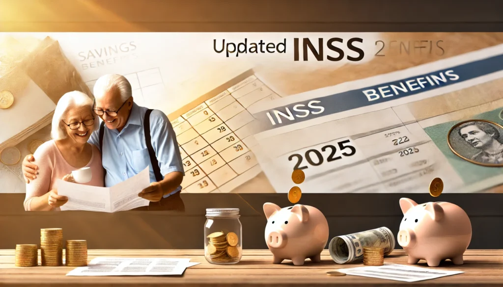 Reajuste do INSS para 2025: Benefícios Atualizados, Novos Tetos e Impacto no Bolso dos Aposentados DALL·E 2024 10 15 00.51.17 A wide banner image portraying the impact of updated INSS benefits for 2025. The scene shows a happy elderly couple reviewing their new pension statem
