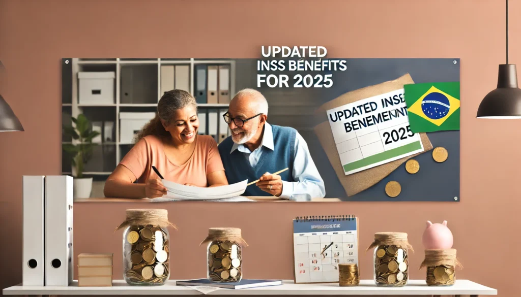 Reajuste do INSS para 2025: Benefícios Atualizados, Novos Tetos e Impacto no Bolso dos Aposentados DALL·E 2024 10 15 00.51.21 A wide banner image portraying the impact of updated INSS benefits for 2025. The scene shows a happy elderly couple reviewing their new pension statem