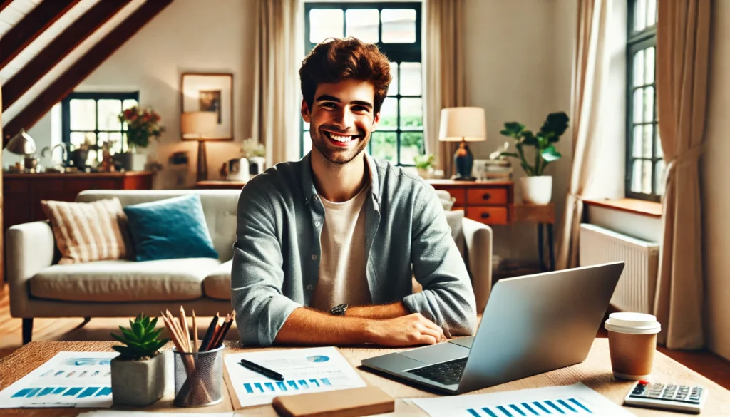 Quais as Vantagens de se Tornar MEI? Descubra Por Que Você Precisa Abrir o Seu Hoje! 🚀 DALL·E 2024 10 15 01.07.31 Wide image of a smiling young entrepreneur working from a cozy home office. The individual is sitting at a desk with a laptop open and various busines