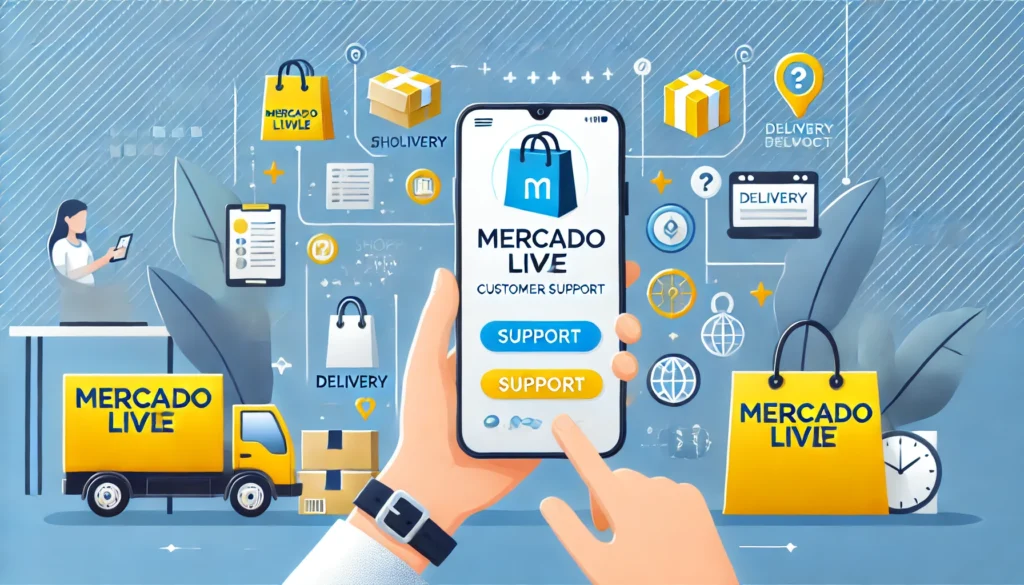 Telefone Mercado Livre: Canais de Atendimento, Suporte e Como Resolver Problemas DALL·E 2024 10 17 00.08.23 A clean and professional wide image representing customer support for an e commerce platform. A person is using a smartphone with the Mercado Livre lo