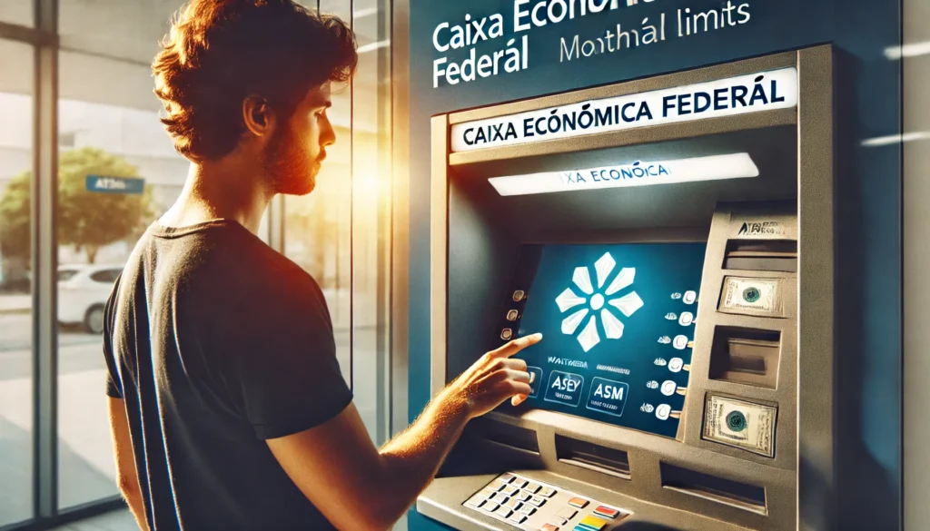 Limite de Saque Caixa: Descubra Quanto Você Pode Sacar e Como Funciona DALL·E 2024 10 18 23.19.12 A person using an ATM with a Caixa Economica Federal machine. The image focuses on the withdrawal process showing the individual interacting with the