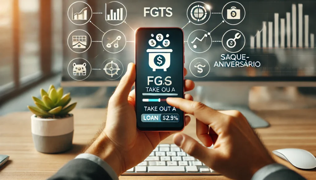 Empréstimo Saque-Aniversário FGTS: Tudo o Que Você Precisa Saber DALL·E 2024 10 18 23.21.54 A person reviewing their FGTS balance on a smartphone with the option to take out a loan using the Saque Aniversario. The setting is in a professional