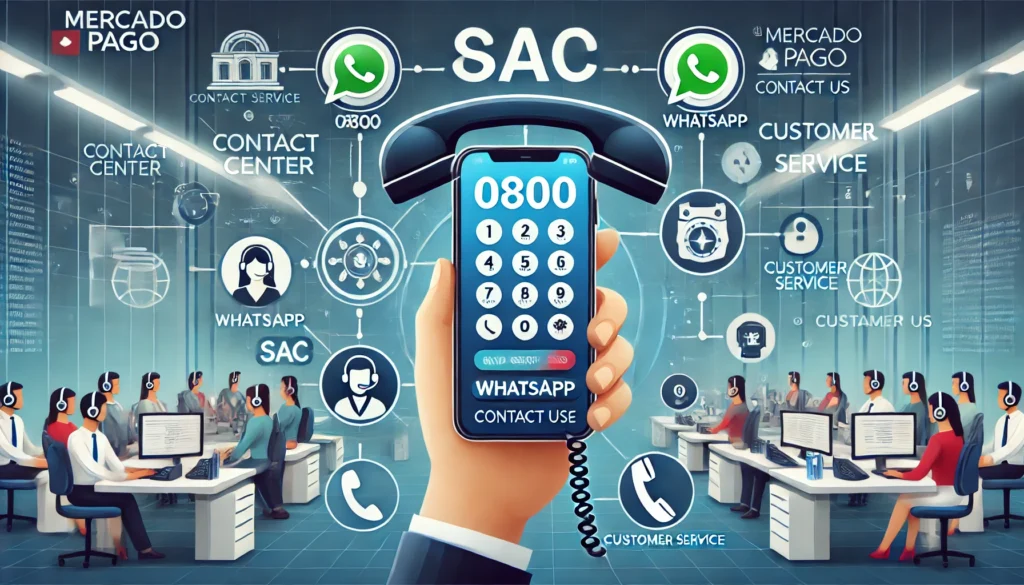 Mercado Pago Telefone: 0800, SAC, WhatsApp e Outros Números de Contato Atualizados DALL·E 2024 10 22 01.27.28 A contact center concept showing a phone with various icons like 0800 WhatsApp and customer service. The background includes a large call center int