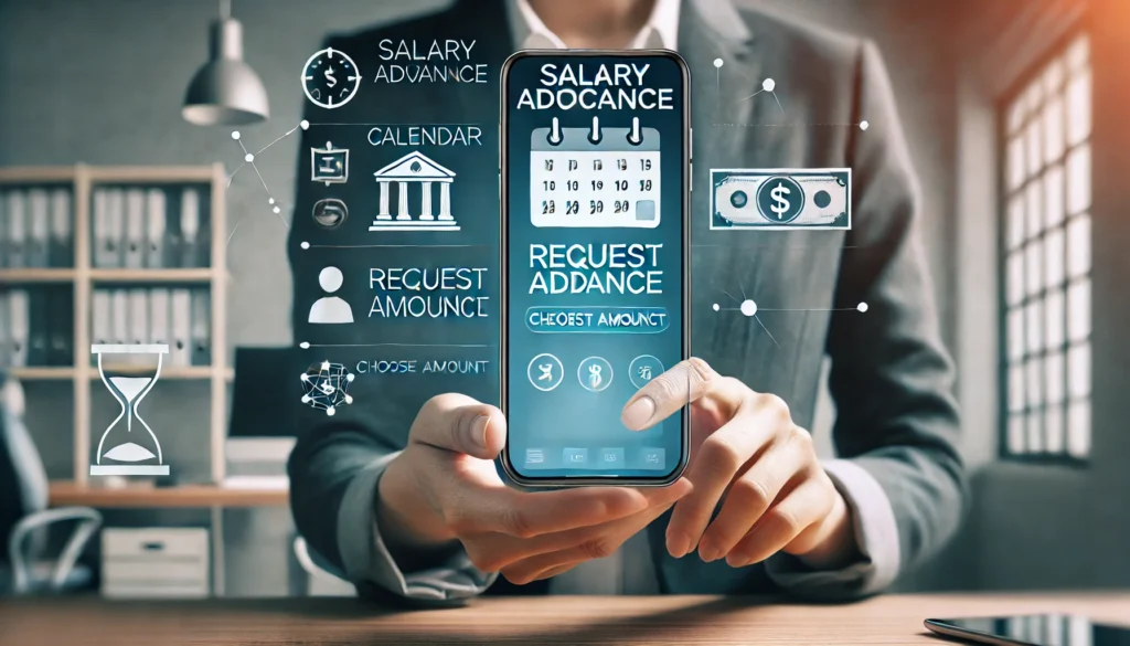 Como Fazer Antecipação de Salário? Veja se É Possível DALL·E 2024 10 23 00.58.21 A business scene showing an employee checking a financial app on their smartphone with icons like a calendar a paycheck and a bank transfer symboli