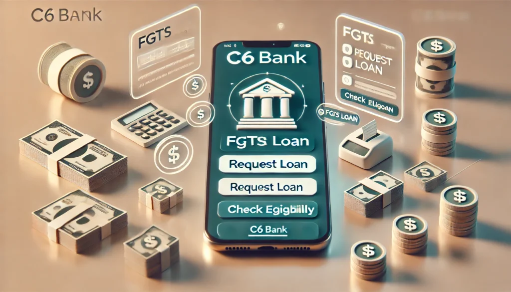 Empréstimo FGTS C6 Bank: Tudo que você precisa saber para solicitar DALL·E 2024 10 23 01.00.01 A financial scene with a smartphone displaying the C6 Bank app highlighting the option to request an FGTS loan. The background includes subtle icons