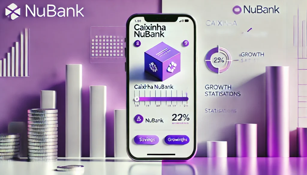 Caixinha Nubank: Quanto Rende e Como Funciona? Vale a Pena? DALL·E 2024 10 23 22.26.52 A vibrant and modern scene featuring a phone screen displaying a digital banking app with a Caixinha Nubank highlighted showing growth statistics a