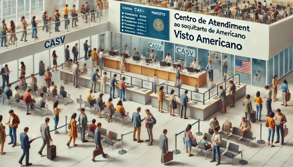 CASV: Tudo o Que Você Precisa Saber Sobre o Centro de Atendimento ao Solicitante de Visto Americano DALL·E 2024 10 25 21.33.26 A detailed scene of a modern visa application center representing the CASV Centro de Atendimento ao Solicitante de Visto Americano. The scene inclu