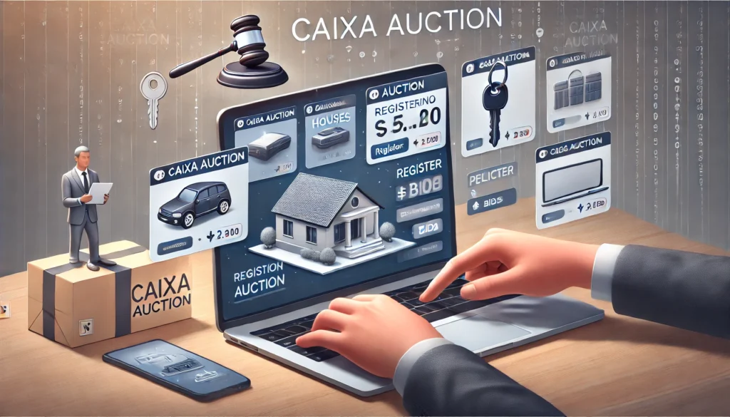 Leilão Caixa: Como Comprar Bens com Desconto de Forma Inteligente DALL·E 2024 10 27 01.31.52 A scene depicting a person browsing a Caixa auction website on a laptop showing various items like houses cars and electronics available at discoun