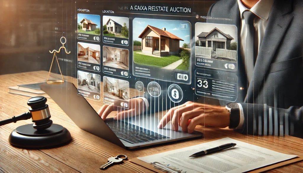 Leilão de Imóveis da Caixa: Tudo o Que Você Precisa Saber Antes de Comprar DALL·E 2024 10 27 01.34.15 A modern scene showing a person reviewing properties available in a Caixa real estate auction on a laptop. The interface displays images of houses and