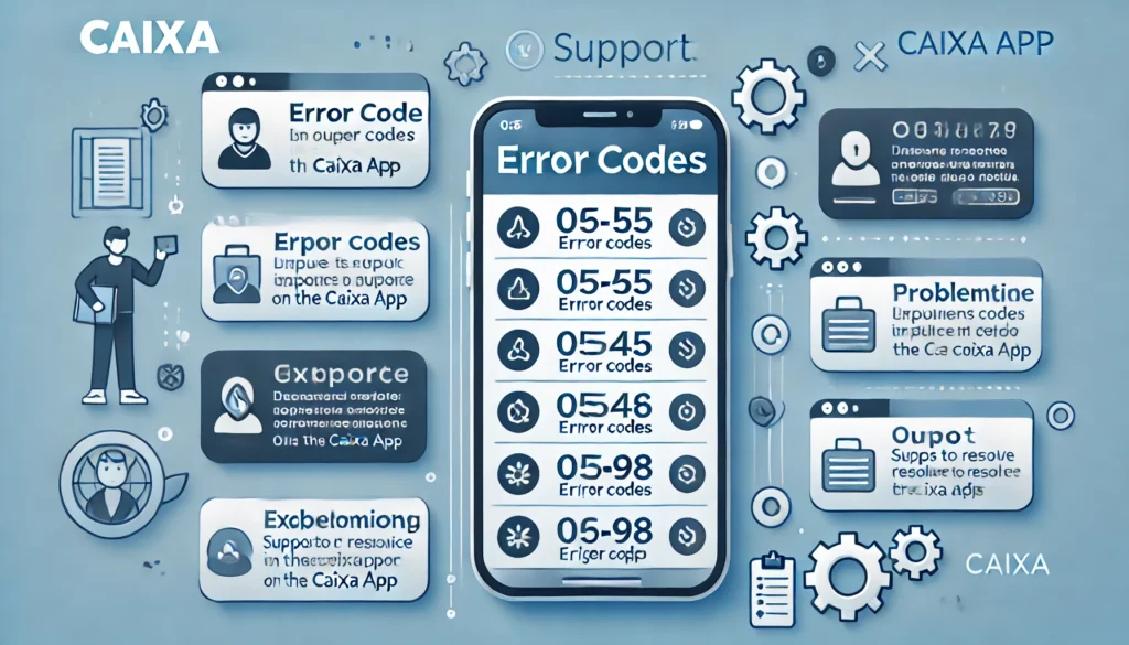 Códigos de Erro Caixa: 05, 55, 0545, 98 e Outros – O Que Significam e Como Resolver DALL·E 2024 10 28 17.11.00 A clear and informative scene showing a smartphone displaying different error codes on the Caixa app such as 05 55 0545 and 98. The screen provide