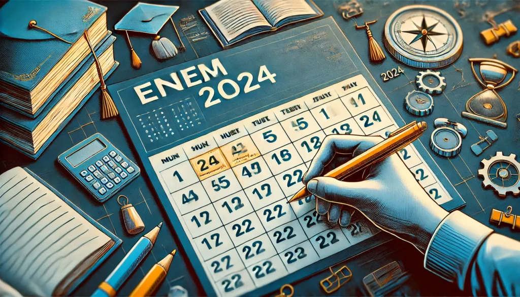Gabarito Oficial do Enem 2024 Já Disponível: Confira Aqui e Planeje Seus Próximos Passos DALL·E 2024 10 29 22.35.38 A calendar page with the dates of the ENEM 2024 highlighted. The background features educational symbols like books pencils and graduation caps. A s