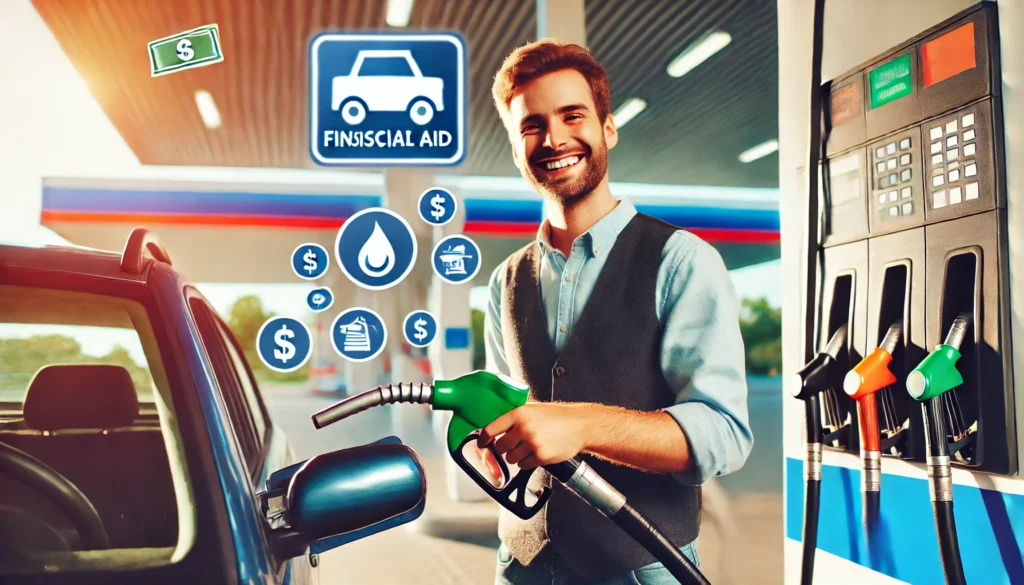 Auxílio Gasolina: Saiba Como Funciona o Benefício para Motoristas DALL·E 2024 11 05 21.36.41 A driver at a gas station smiling with a sense of relief holding a fuel pump or a receipt while filling up the cars tank. In the background a sign