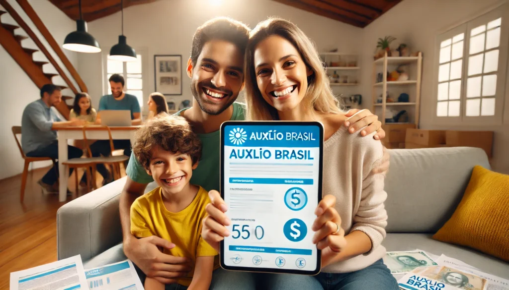 Atualização no Auxílio Brasil: Novas Regras e Valores Confirmados DALL·E 2024 11 05 21.38.53 A family at home smiling with a sense of relief and happiness holding a tablet or document representing the Auxilio Brasil benefit. In the backgroun