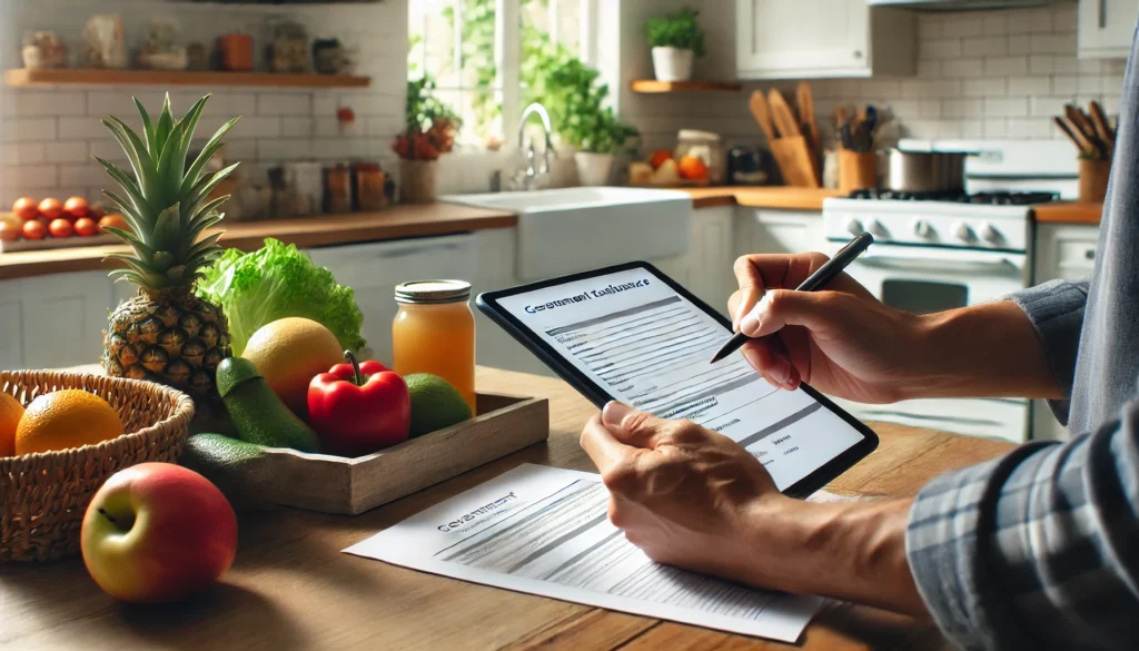 Como se Inscrever no Novo Auxílio Alimentação do Governo DALL·E 2024 11 05 21.40.08 A person filling out a form or using a tablet to register for a government food assistance program with a cozy kitchen in the background. Fresh heal