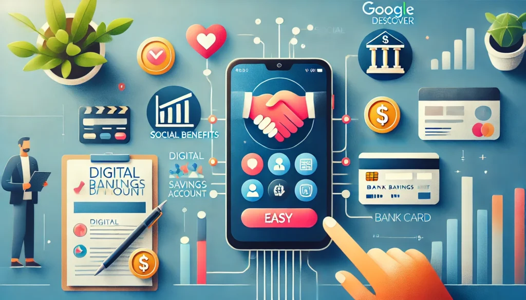 Poupança Social Digital Facilita o Acesso a Benefícios Sociais DALL·E 2024 11 08 00.22.50 Create a wide visually appealing and engaging image representing easy access to social benefits through a digital savings account with no text in t