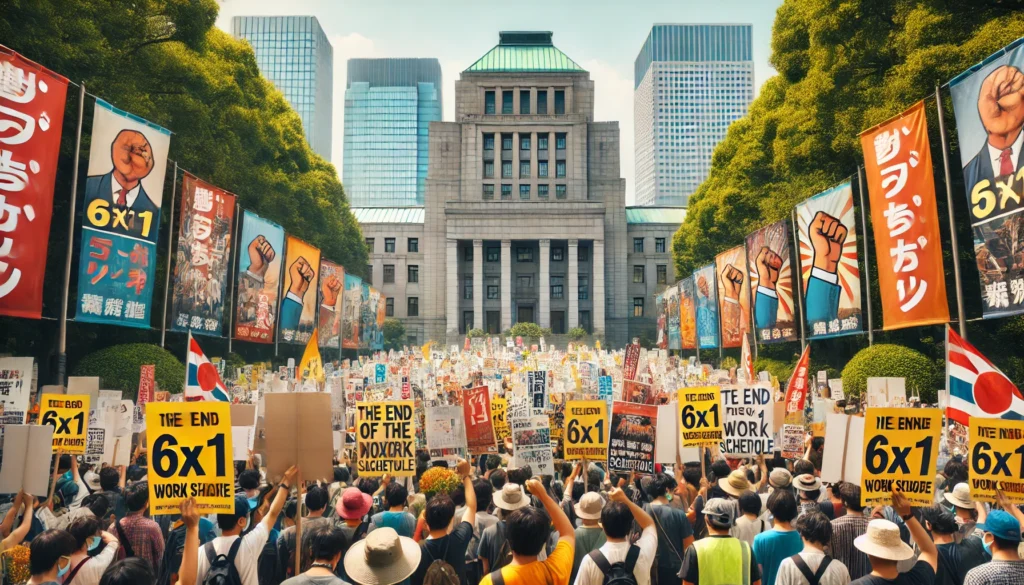 O Debate Sobre a Escala de Trabalho 6x1 no Brasil DALL·E 2024 11 13 00.18.18 A large protest of workers in front of a government building holding banners calling for the end of the 6x1 work schedule. The scene is vibrant with