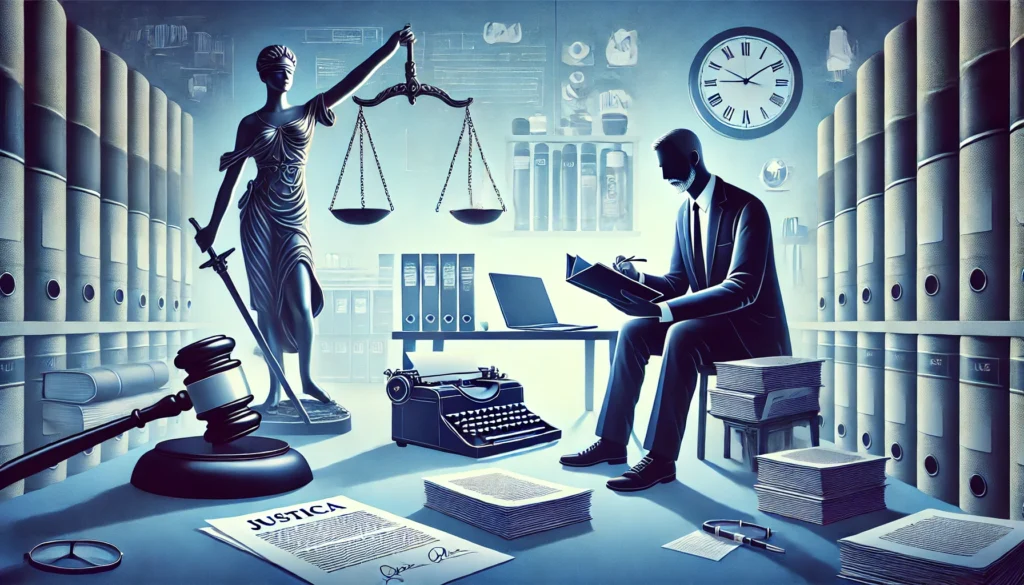 DALL·E 2025 01 17 15.41.26 Uma imagem wide representando o tema de recorrer a Justica do Trabalho com um trabalhador segurando documentos e um advogado sentado em um ambiente p
