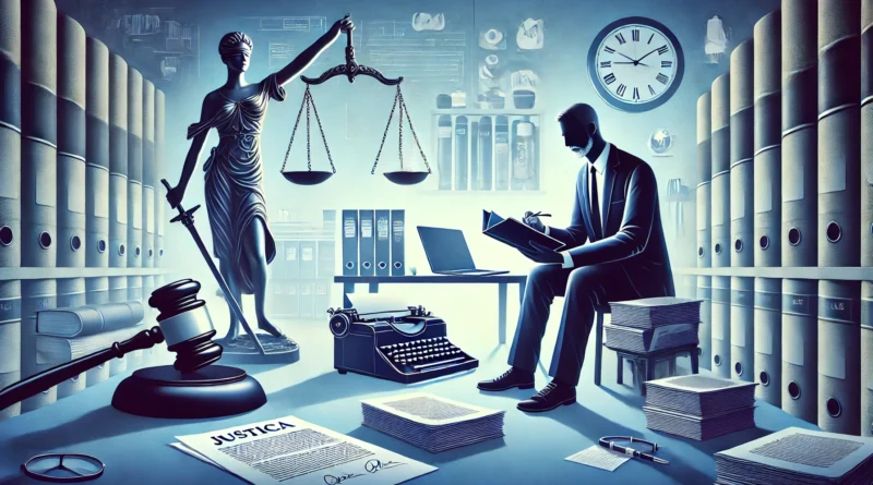 DALL·E 2025 01 17 15.41.26 Uma imagem wide representando o tema de recorrer a Justica do Trabalho com um trabalhador segurando documentos e um advogado sentado em um ambiente p