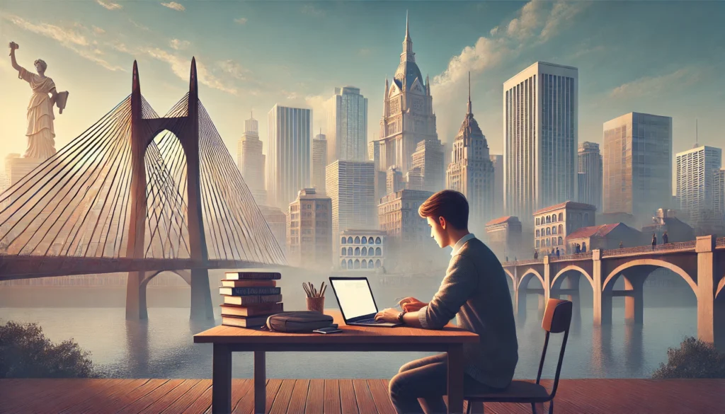 DALL·E 2025 01 17 19.57.35 Uma imagem wide representando a preparacao para concursos publicos em Sao Paulo. A cena mostra um jovem estudando em uma mesa com livros e um laptop